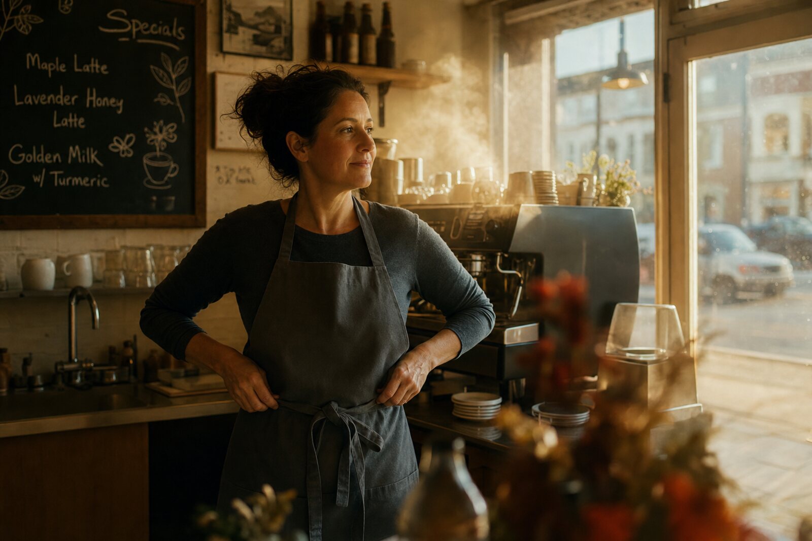 A cafe owner in warm morning light, the room she built.