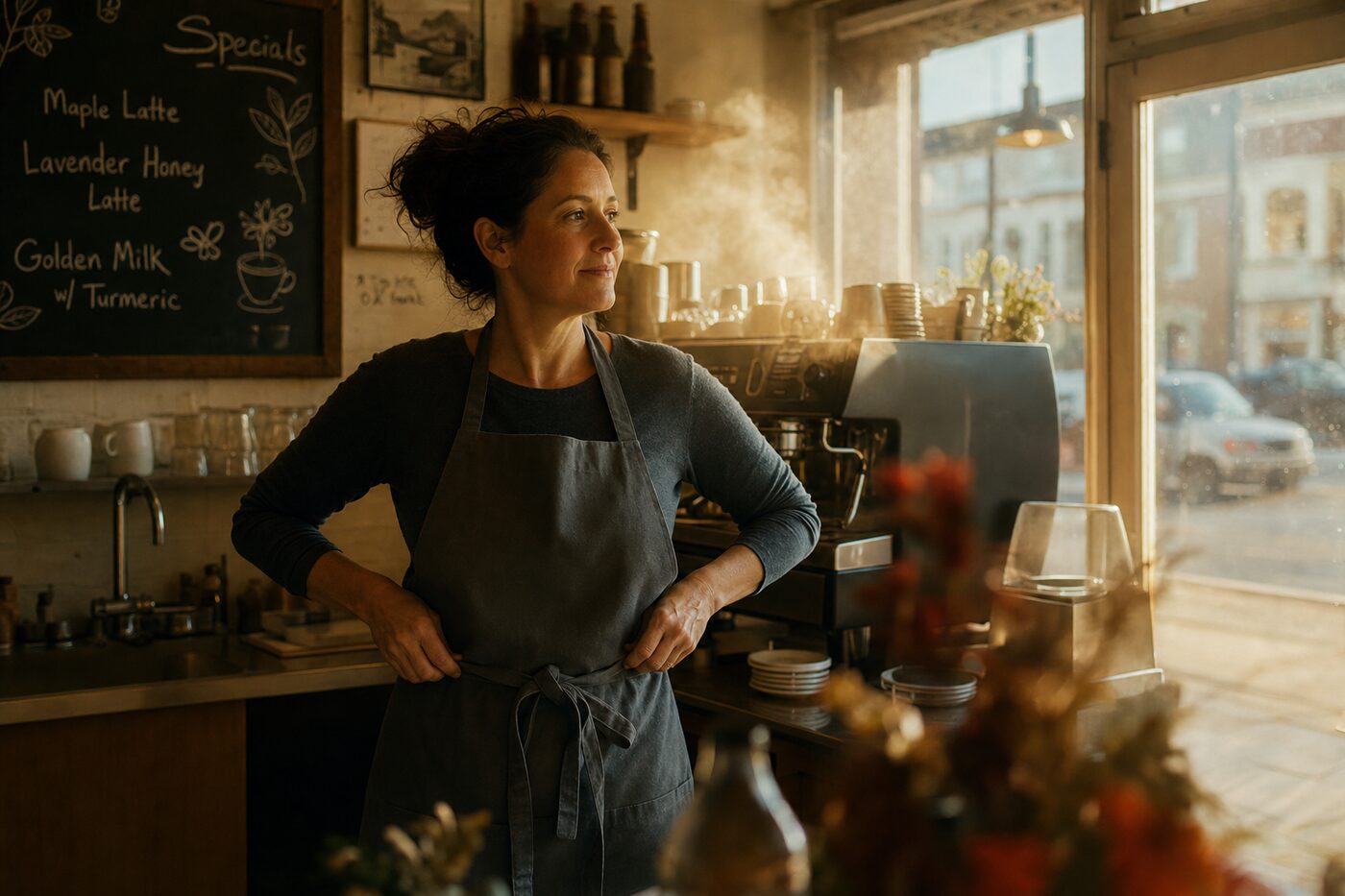 Mara opens her cafe at dawn