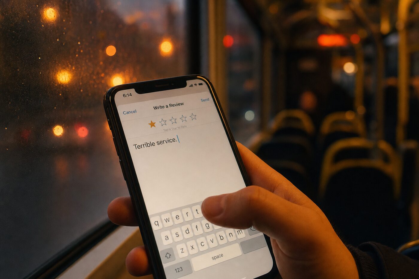 A one-star review forming on a phone