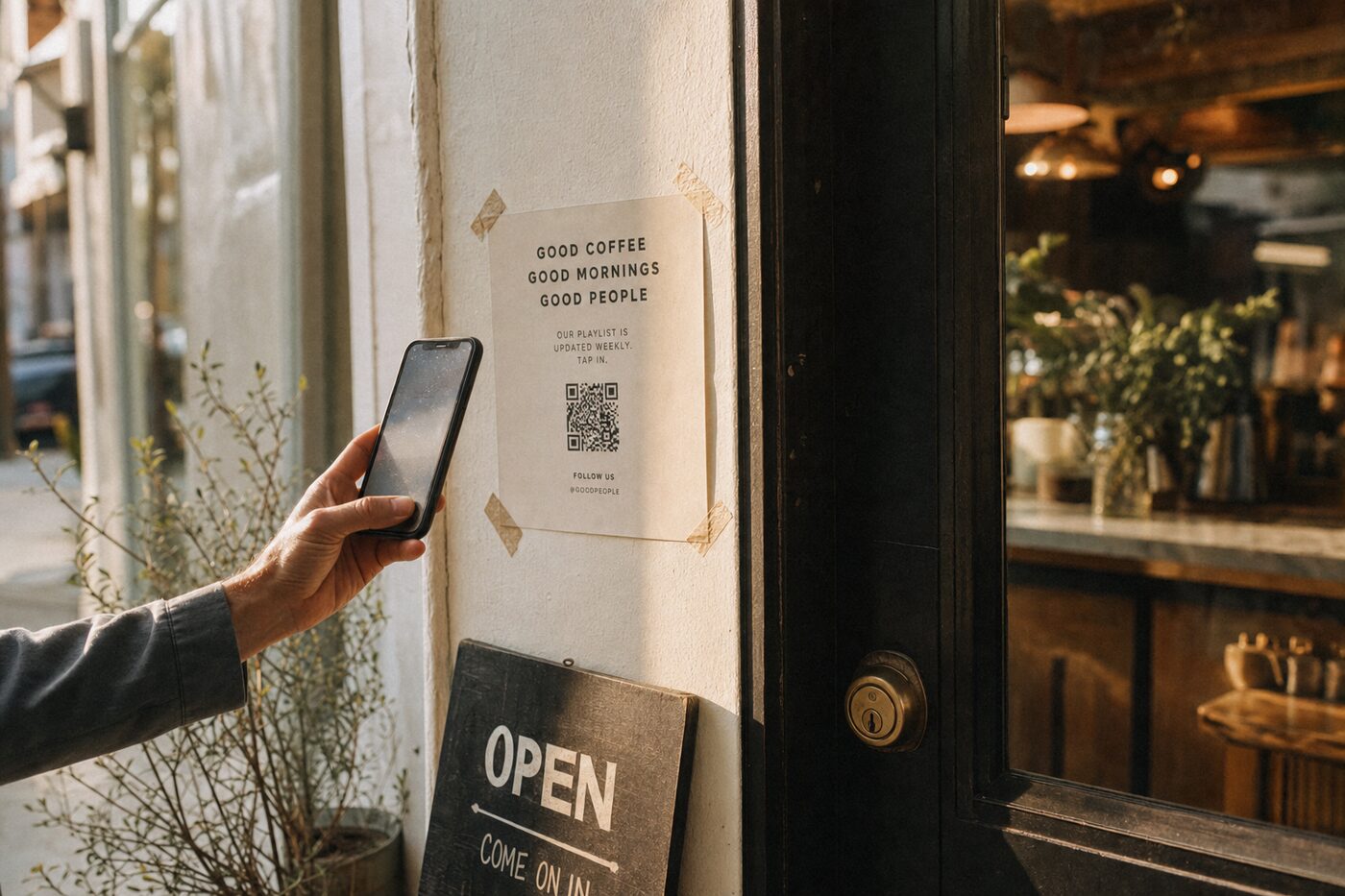 A hand scans the poster by the door