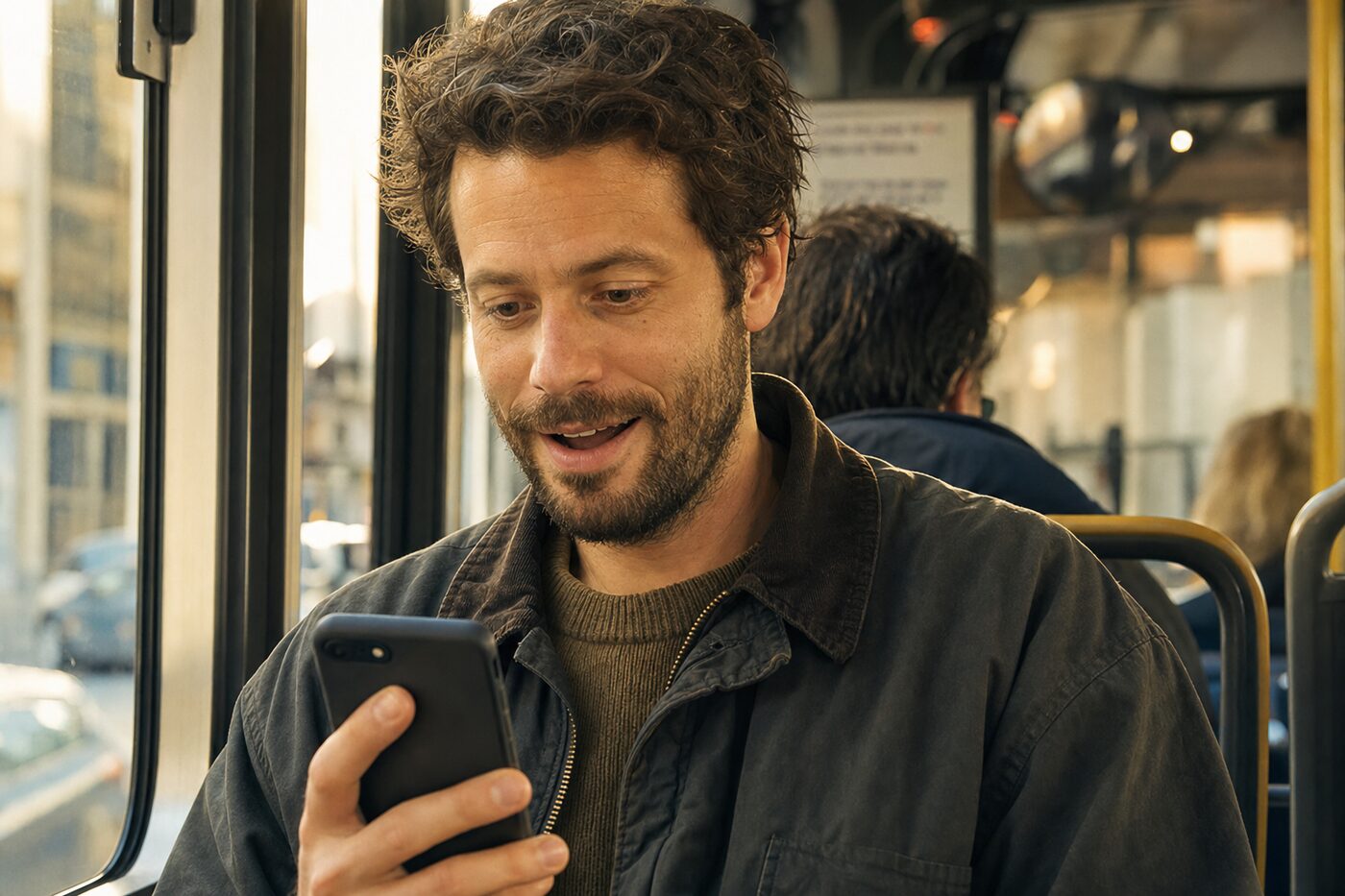 Dev reads the text back, a small surprised smile
